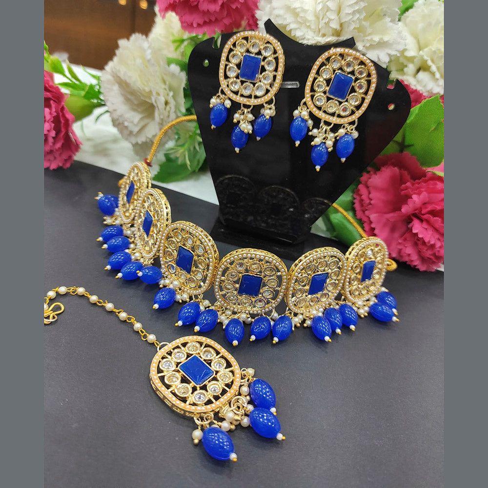 Heera Jewellers Gold Plated Kundan Stone & Beads Choker Necklace Set