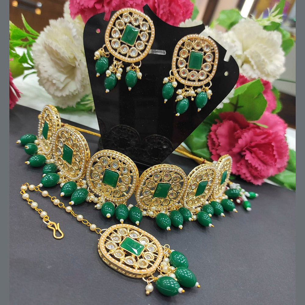 Heera Jewellers Gold Plated Kundan Stone & Beads Choker Necklace Set