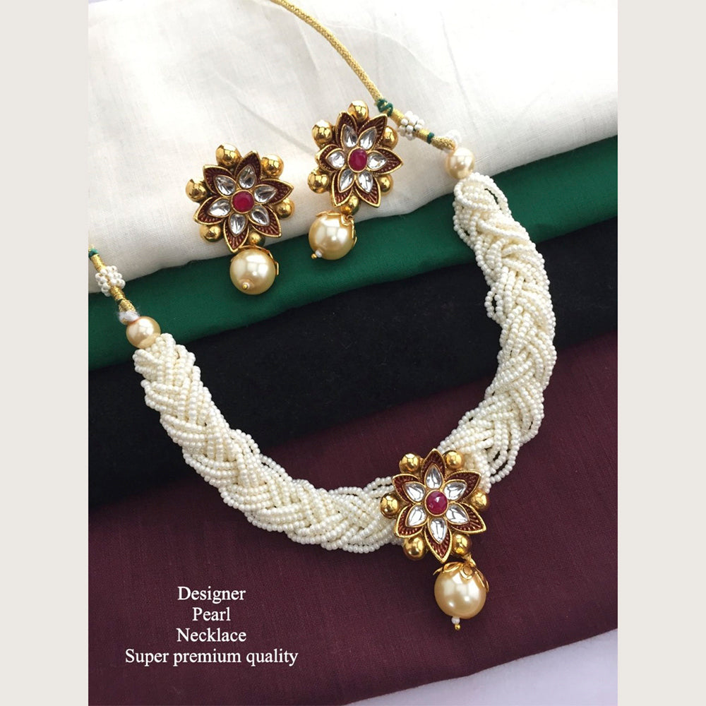 H K Fashion Antique Gold Plated Flower Pearls Choker Necklace Set