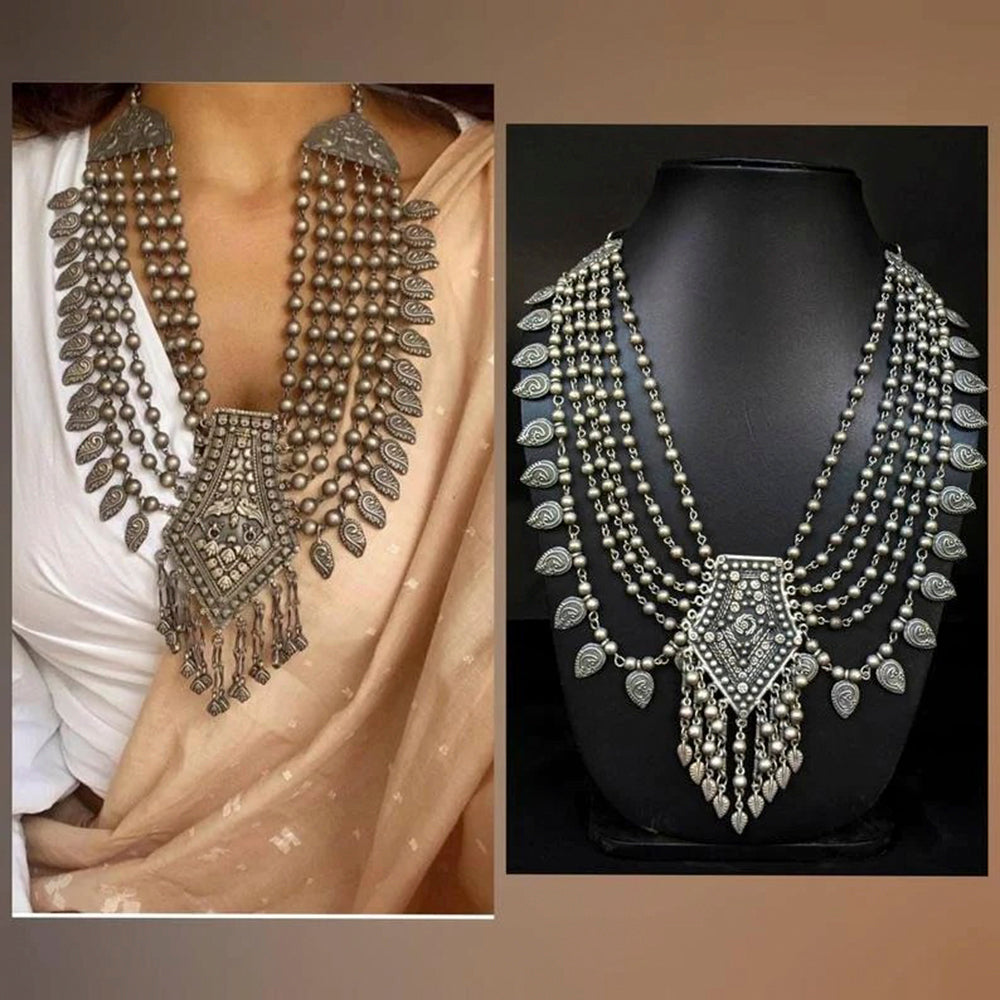 H K Fashion Bohemian Style Flower Design Silver Oxidised Necklace