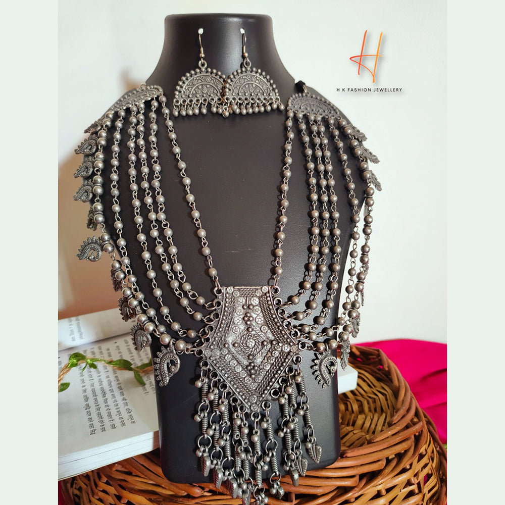 H K Fashion Bohemian Style Flower Design Silver Oxidised Necklace