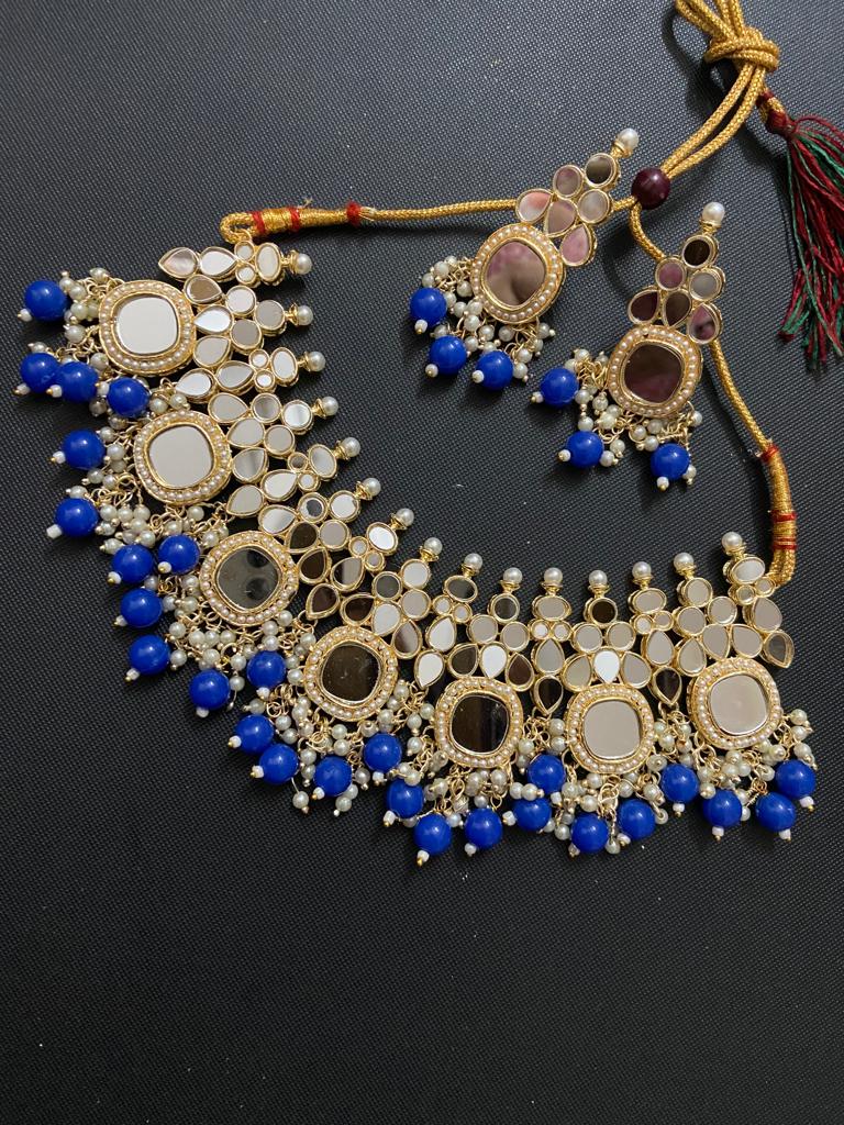India Art Gold Plated Pearl And Beads Mirror Necklace Set