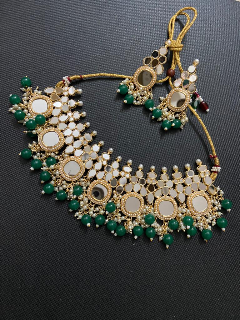 India Art Gold Plated Pearl And Beads Mirror Necklace Set