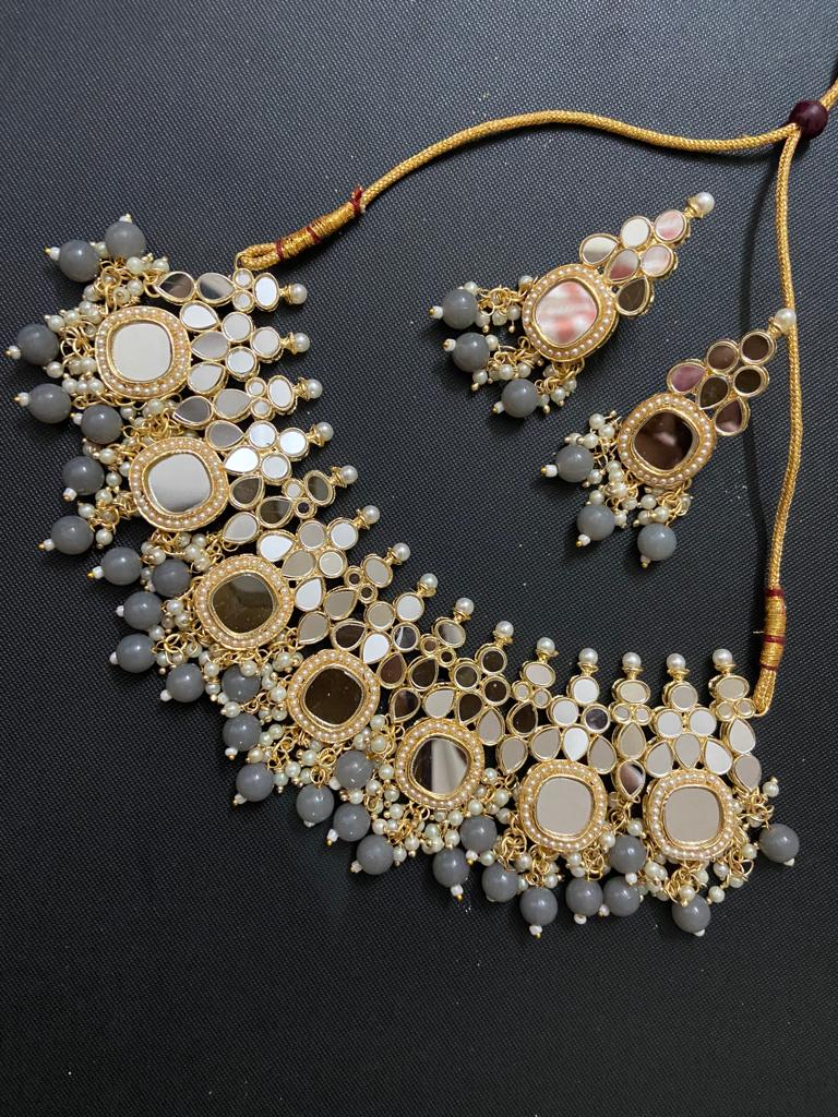 India Art Gold Plated Pearl And Beads Mirror Necklace Set