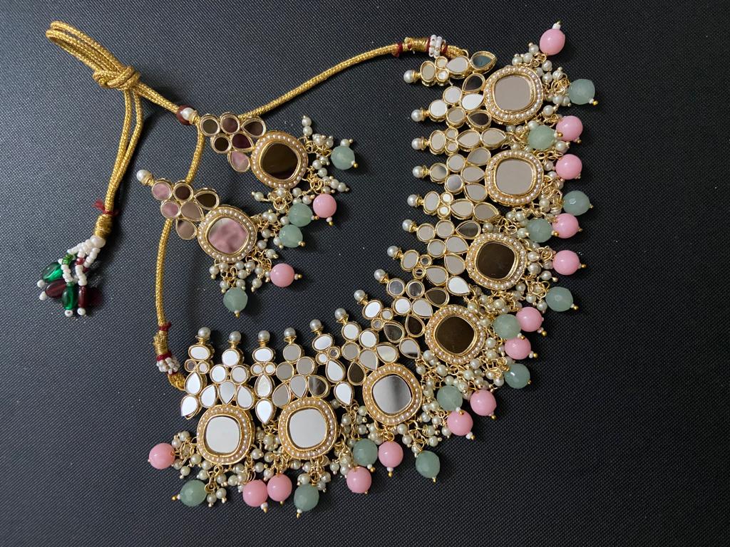 India Art Gold Plated Pearl And Beads Mirror Necklace Set