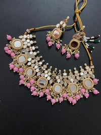 India Art Gold Plated Pearl And Beads Mirror Necklace Set