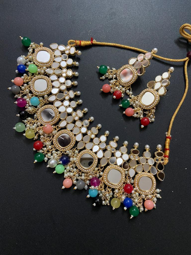 India Art Gold Plated Pearl And Beads Mirror Necklace Set