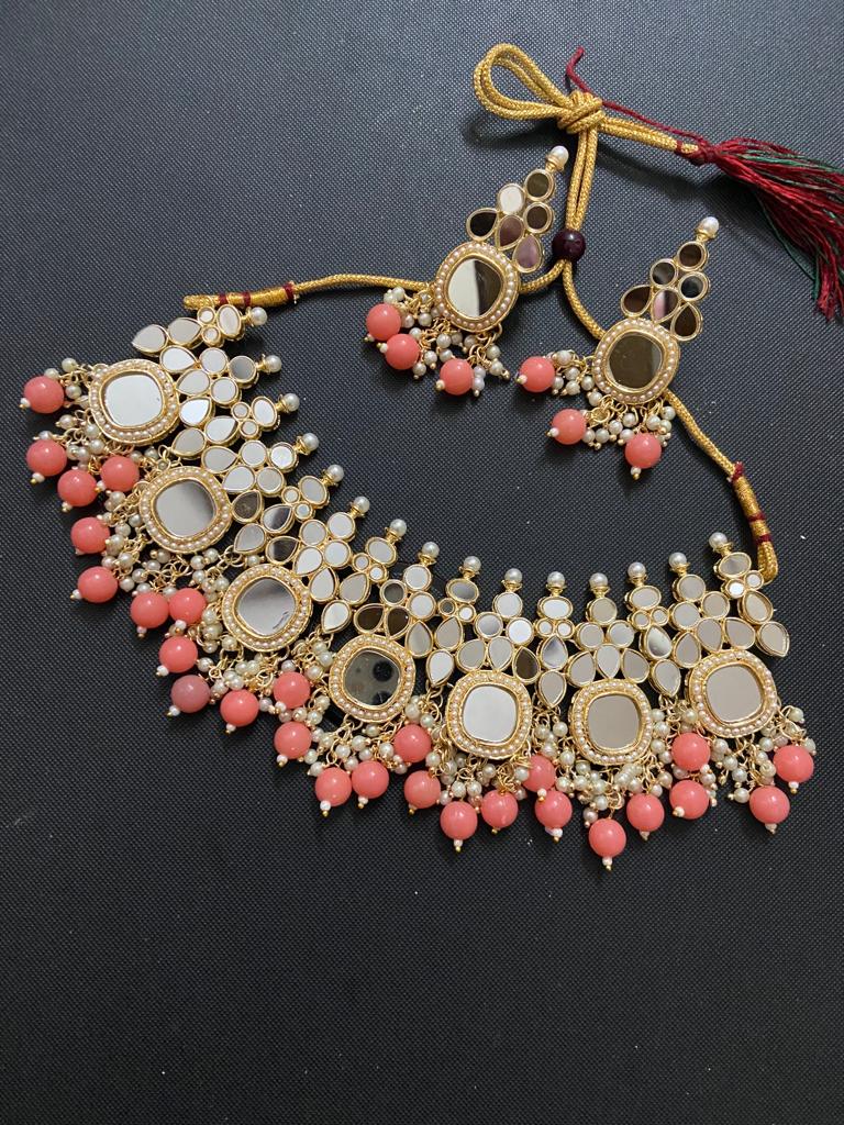India Art Gold Plated Pearl And Beads Mirror Necklace Set