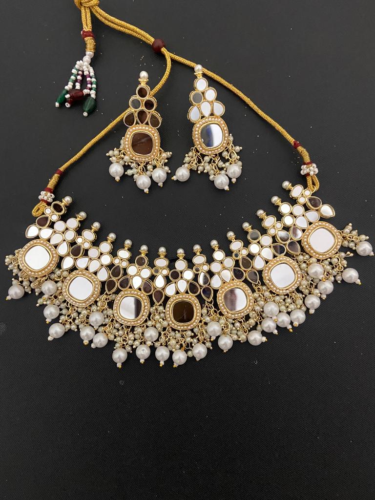 India Art Gold Plated Pearl And Beads Mirror Necklace Set
