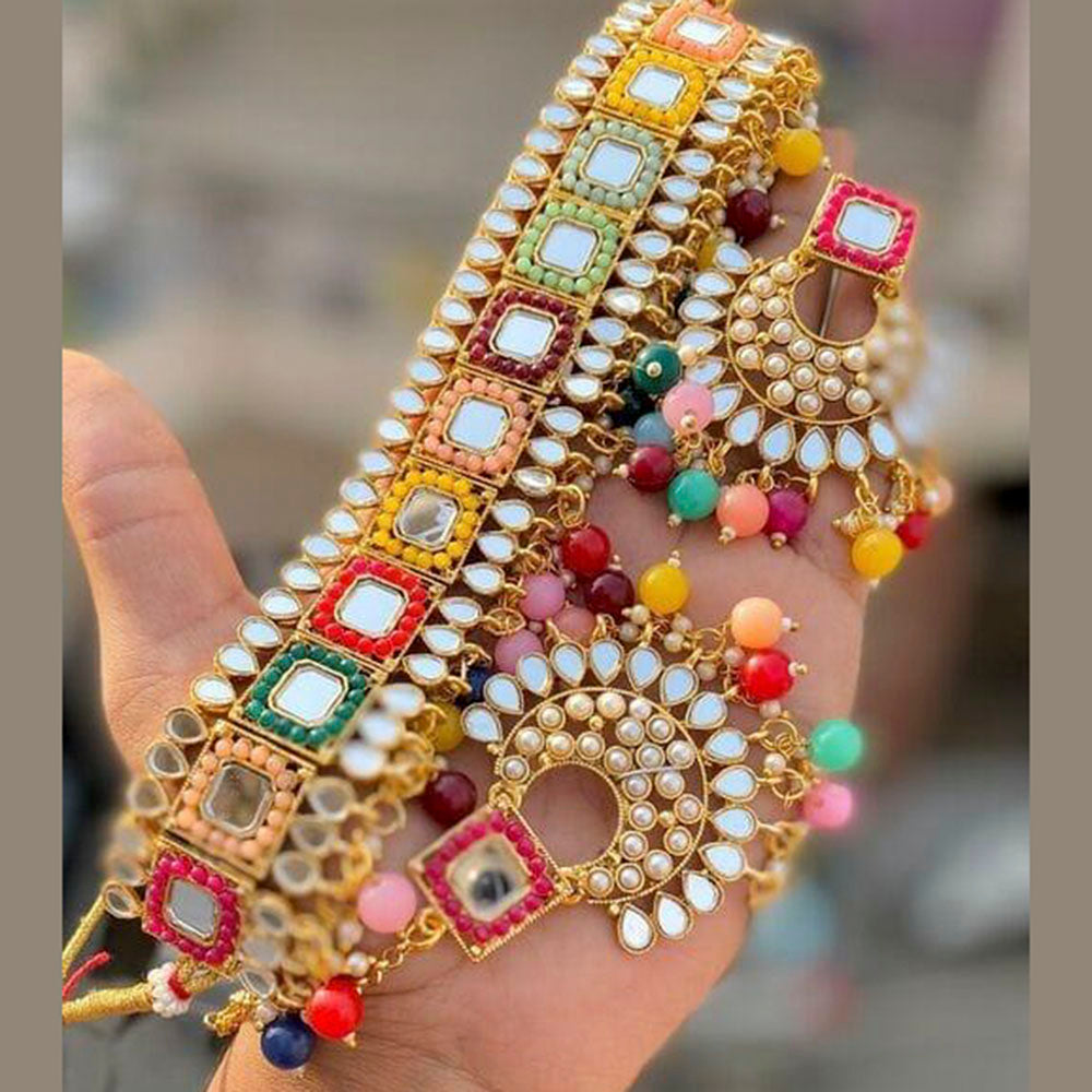 India Art Gold Plated Mirror Beads Choker Necklace Set With Maangtikka