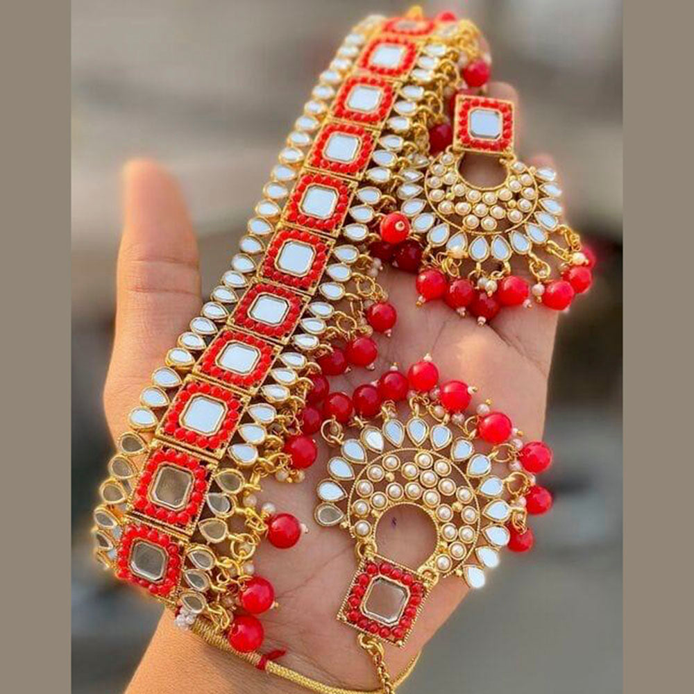 India Art Gold Plated Mirror Beads Choker Necklace Set With Maangtikka