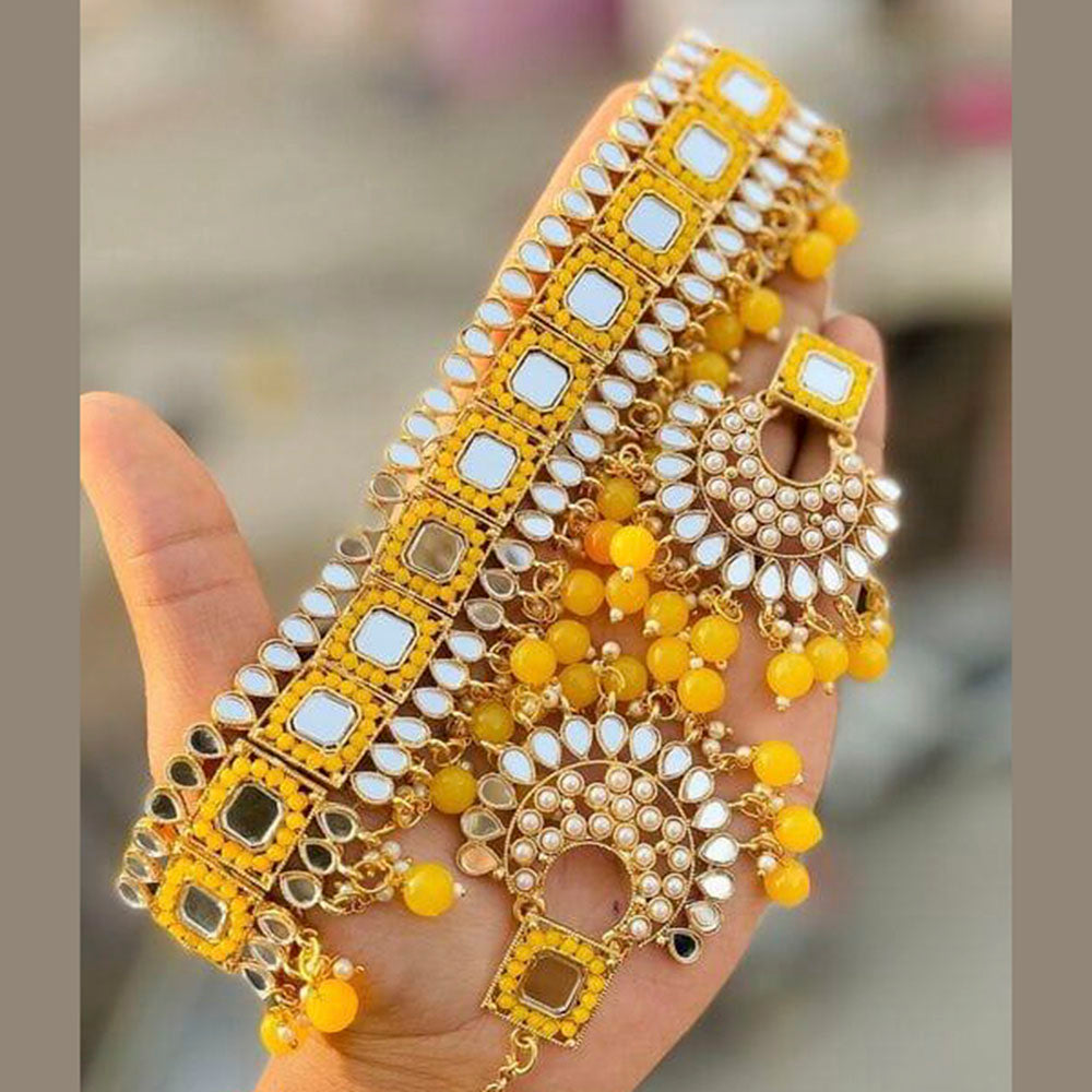 India Art Gold Plated Mirror Beads Choker Necklace Set With Maangtikka