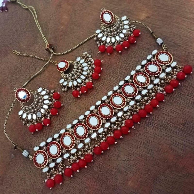 India Art Gold Plated Designer Mirror & Beads Necklace Set With Maangtikka