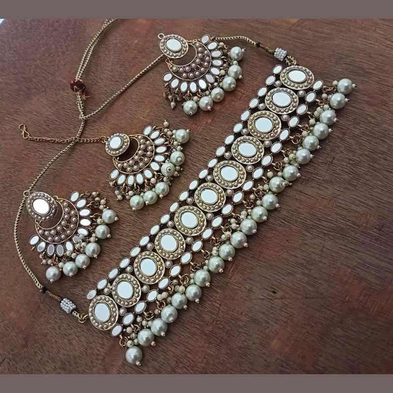 India Art Gold Plated Designer Mirror & Beads Necklace Set With Maangtikka