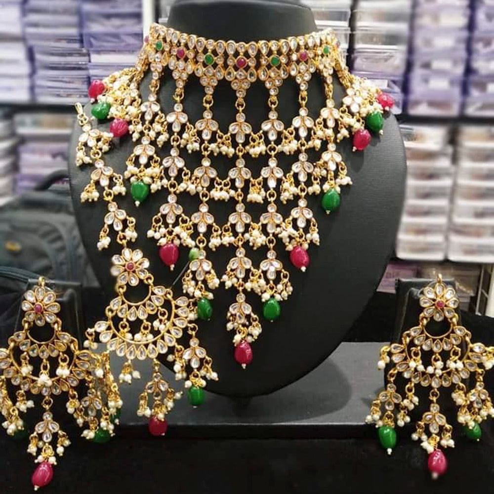 India Art Gold Plated Kundan Stone & Beads Necklace Set