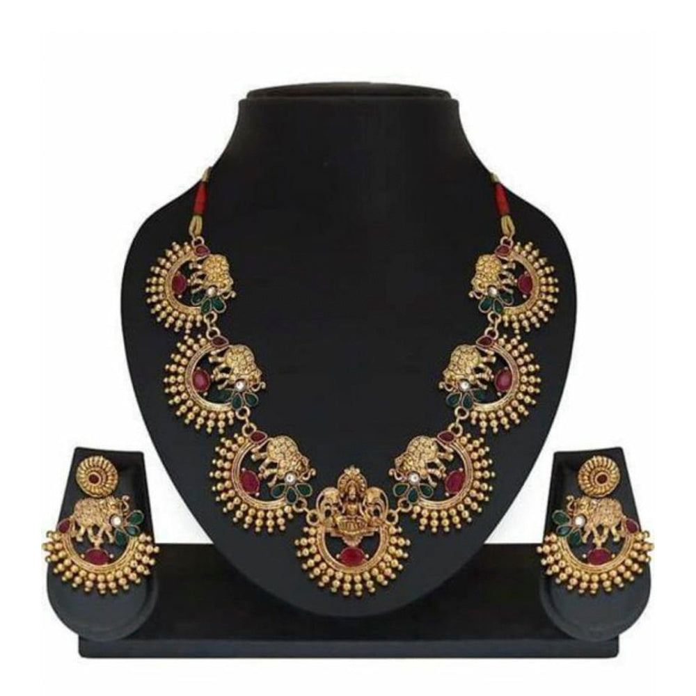 India Art Gold Plated Pink & Green Pota Stone Necklace Set