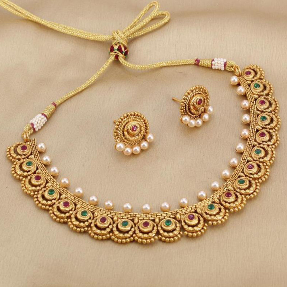 India Art Gold Plated Pota Stone And Pearl Necklace Set