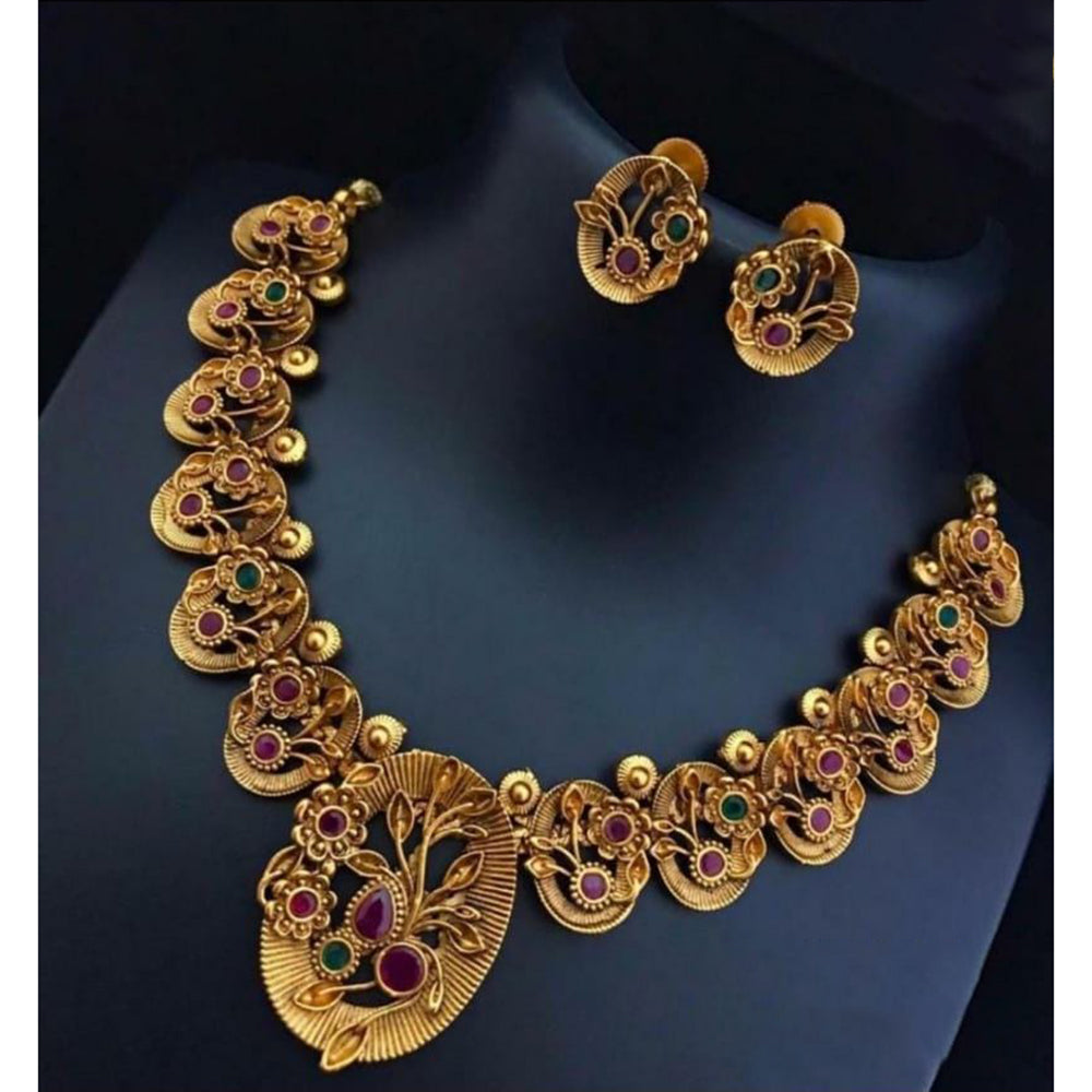India Art Gold Plated  Pink & Green Pota Stone Necklace Set