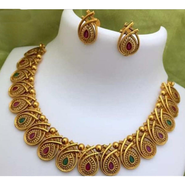 India Art Gold Plated Pink & Green Pota Stone Choker Necklace Set