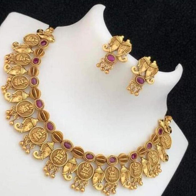 India Art Gold Plated Pink Pota Stone Choker Necklace Set