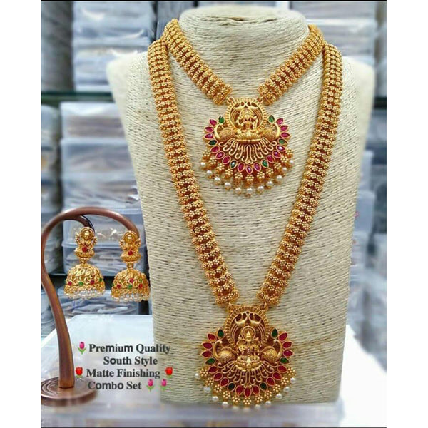 India Art Gold Plated White Pink & Green Pota Stone Double Necklace Set