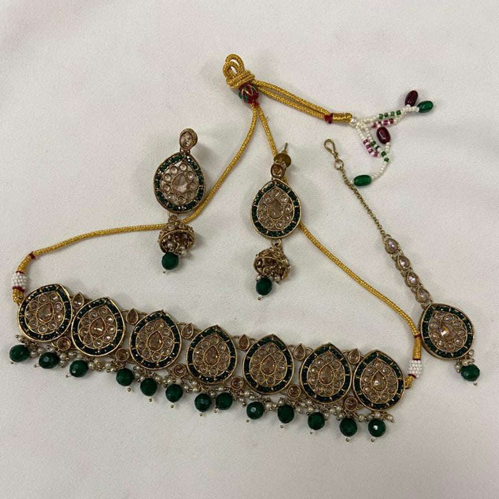 India Art Gold Plated Crystal Stone & Beads Choker Necklace Set