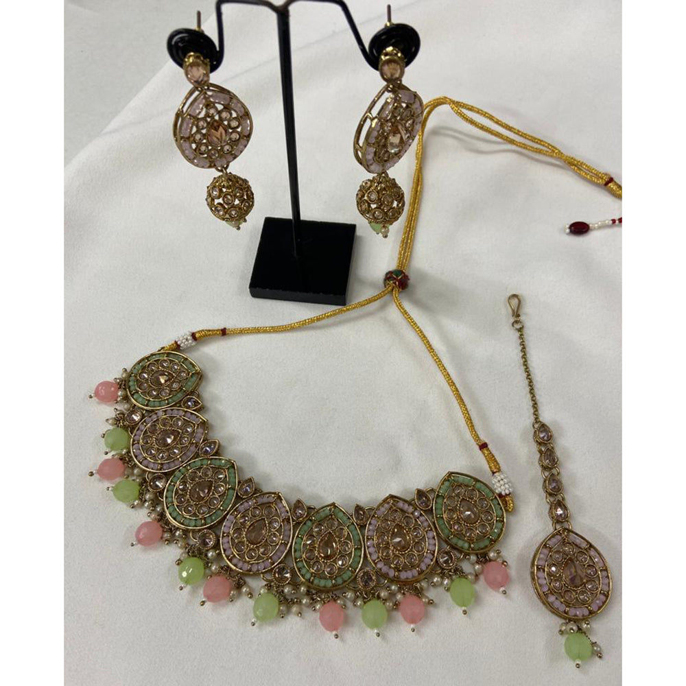 India Art Gold Plated Crystal Stone & Beads Choker Necklace Set
