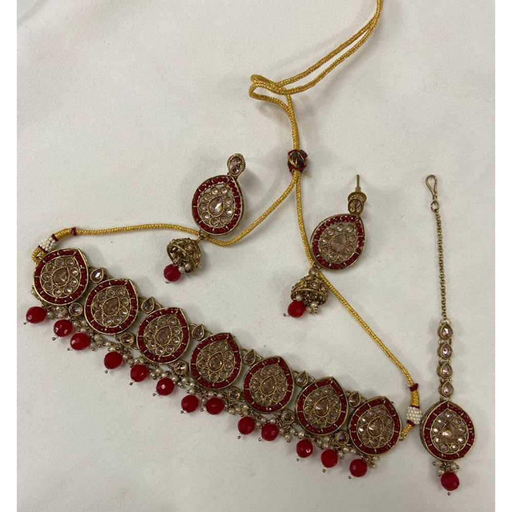 India Art Gold Plated Crystal Stone & Beads Choker Necklace Set