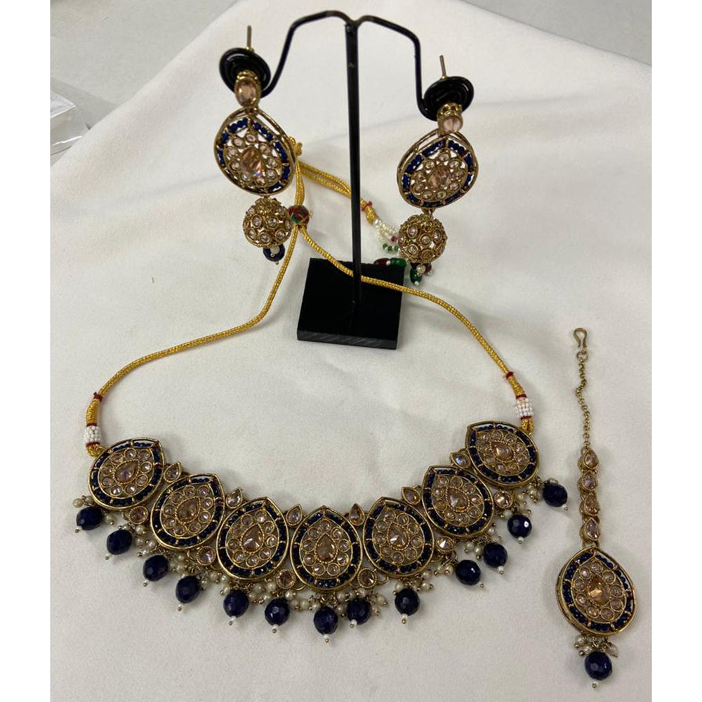 India Art Gold Plated Crystal Stone & Beads Choker Necklace Set