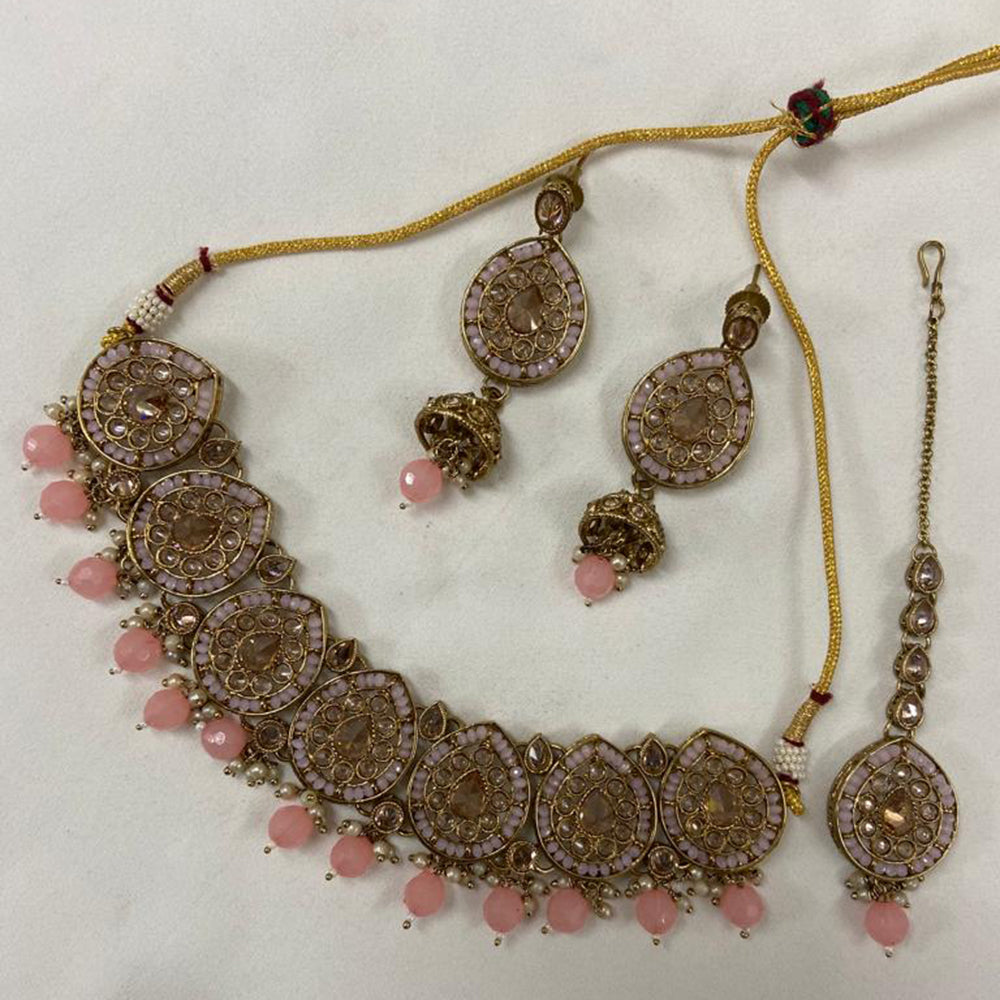 India Art Gold Plated Crystal Stone & Beads Choker Necklace Set