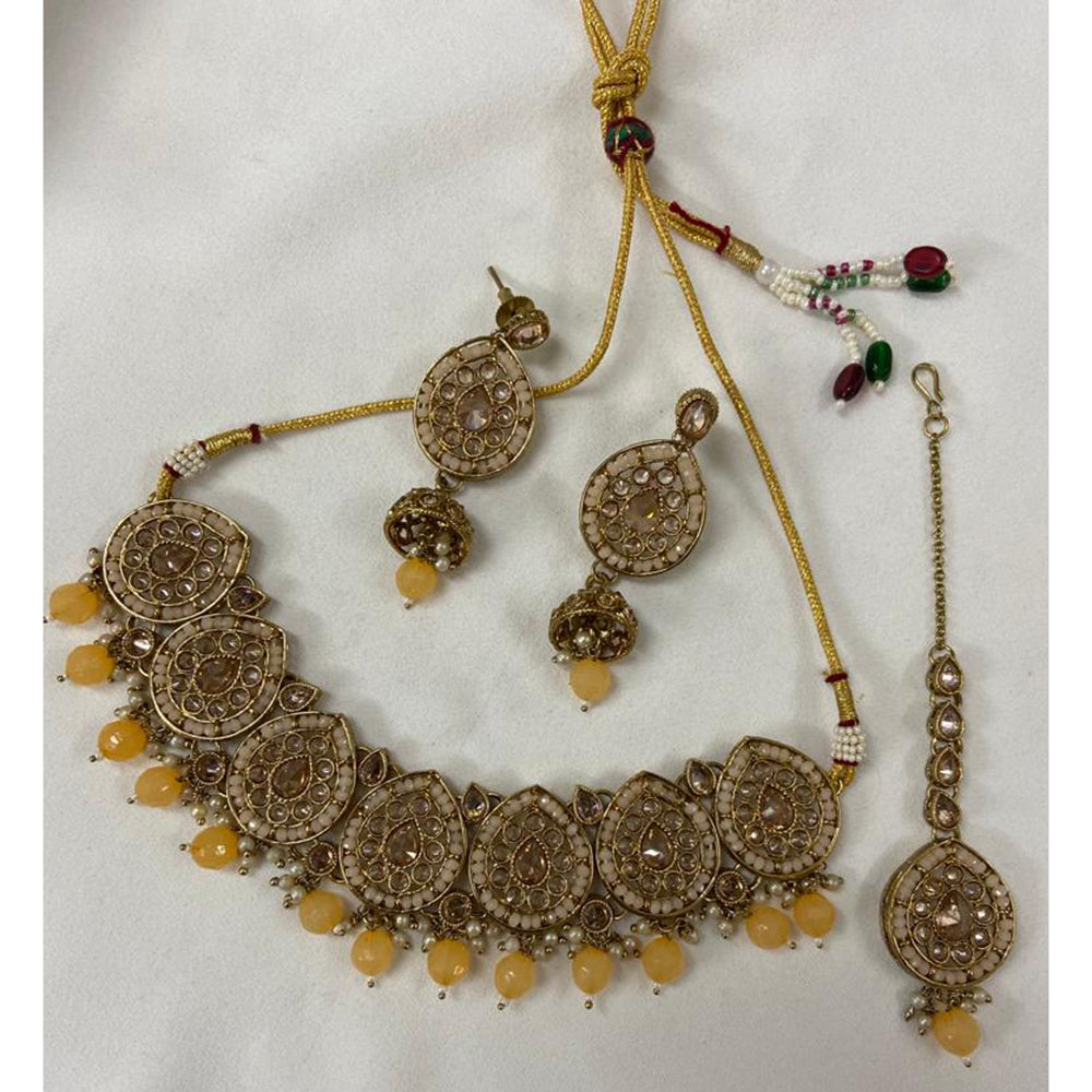 India Art Gold Plated Crystal Stone & Beads Choker Necklace Set