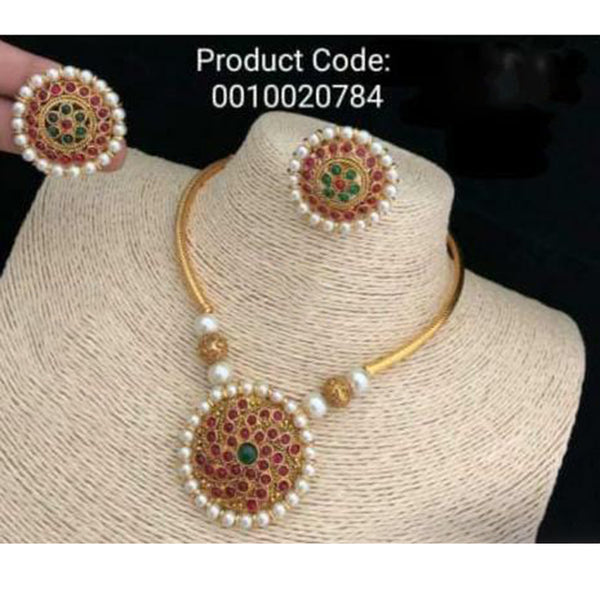 India Art Gold Plated Pink & Green Pota Stone Necklace Set