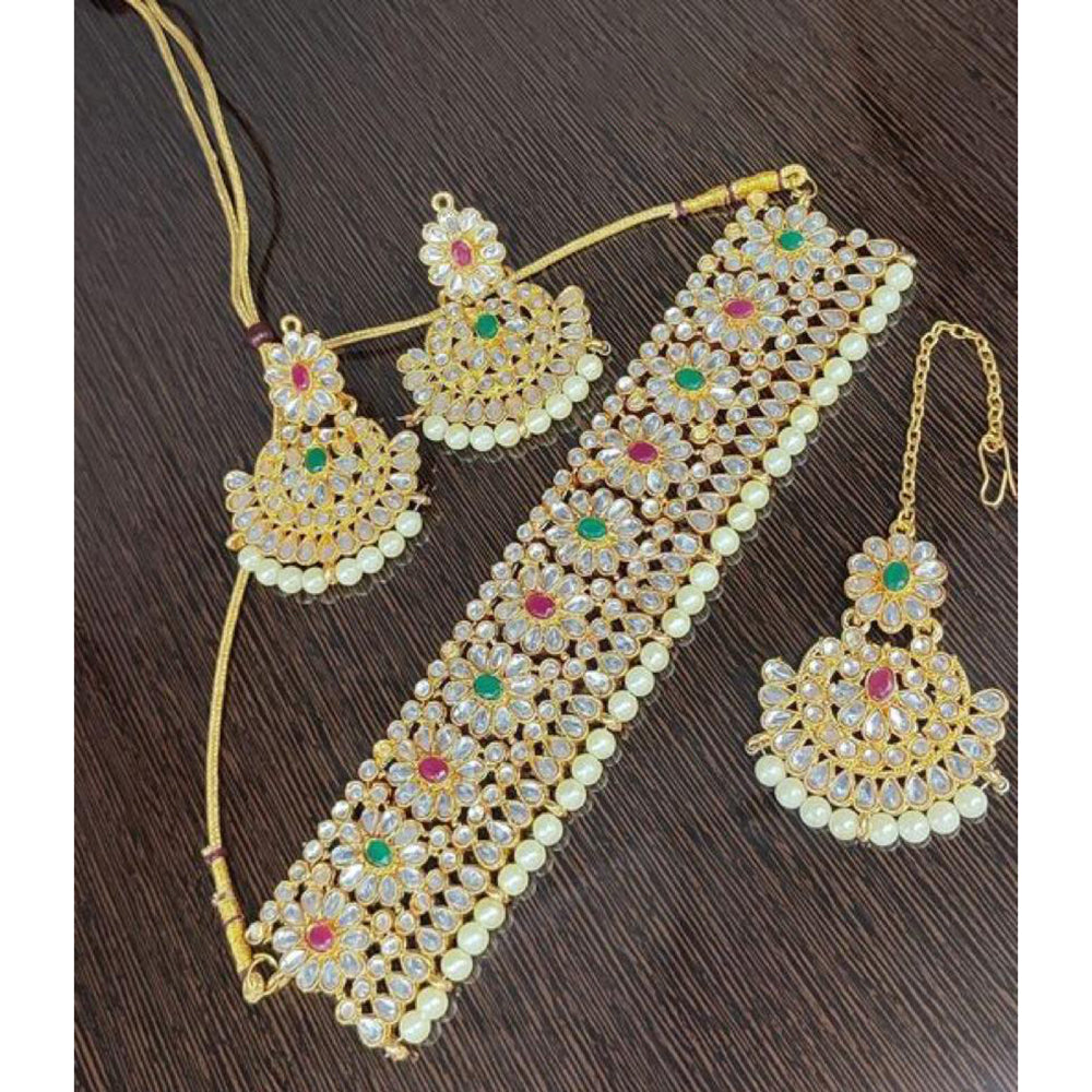 India Art Gold Plated Pota Kundan Stone And Pearl Necklace Set