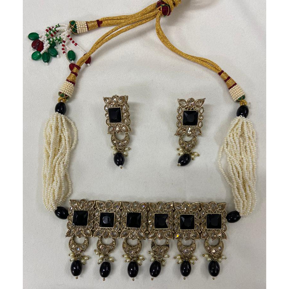 India Art Gold Plated Crystal Stone & Beads Choker Necklace Set