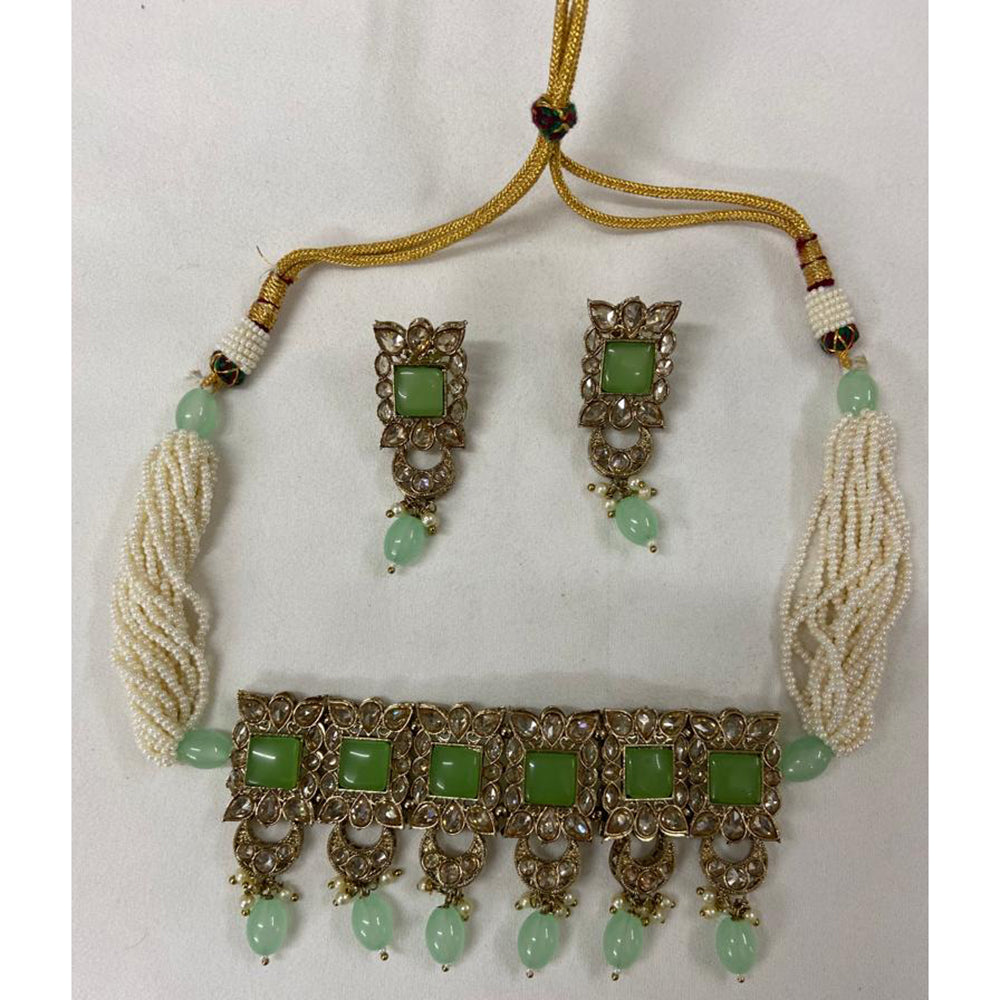 India Art Gold Plated Crystal Stone & Beads Choker Necklace Set
