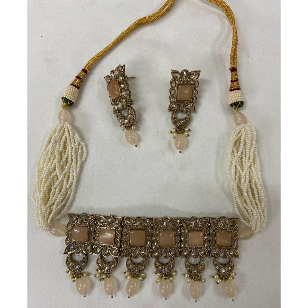 India Art Gold Plated Crystal Stone & Beads Choker Necklace Set