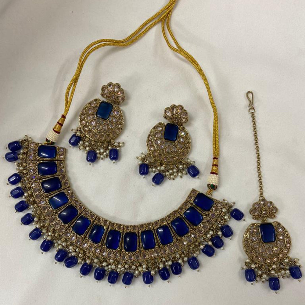 India Art Gold Plated Crystal Stone & Beads Choker Necklace Set