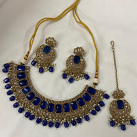 India Art Gold Plated Crystal Stone & Beads Choker Necklace Set
