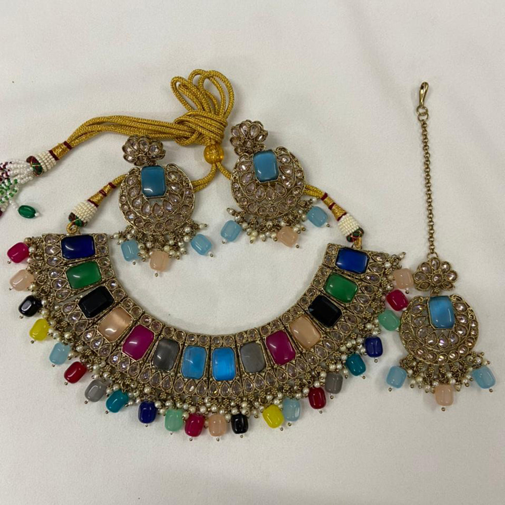India Art Gold Plated Crystal Stone & Beads Choker Necklace Set