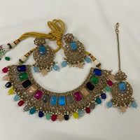 India Art Gold Plated Crystal Stone & Beads Choker Necklace Set