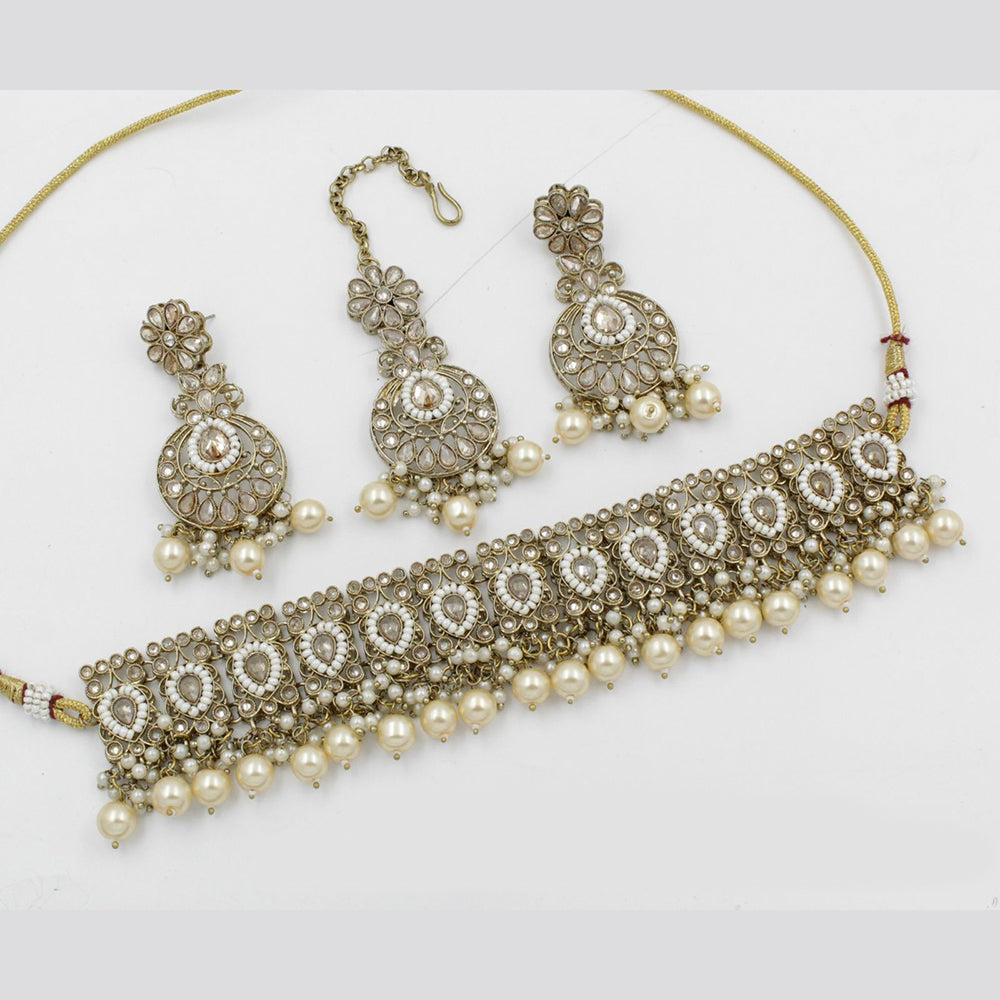 India Art Gold Plated Kundan Stone & Beads Choker Necklace Set