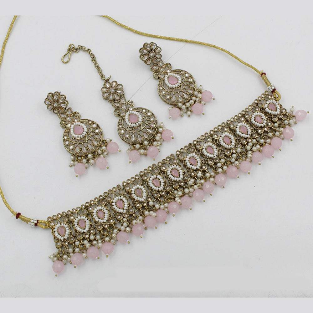 India Art Gold Plated Kundan Stone & Beads Choker Necklace Set