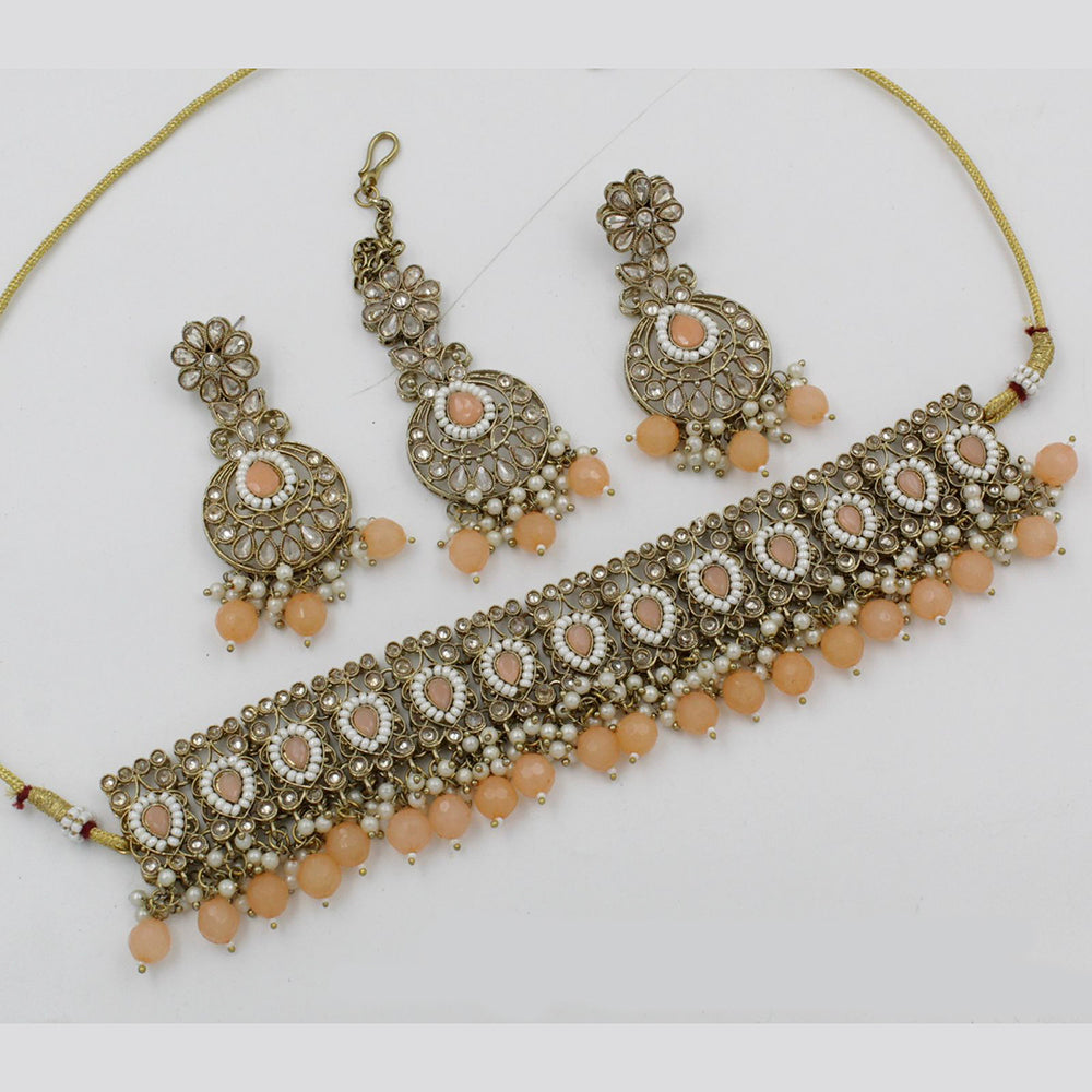 India Art Gold Plated Kundan Stone & Beads Choker Necklace Set