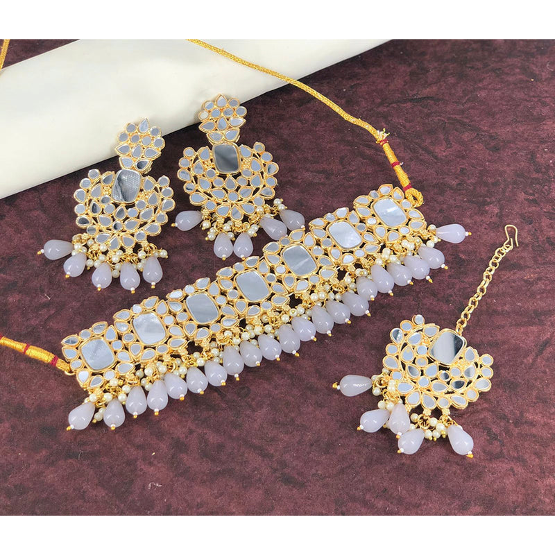 India Art Gold Plated Mirror Beads Choker Necklace Set With Maangtikka