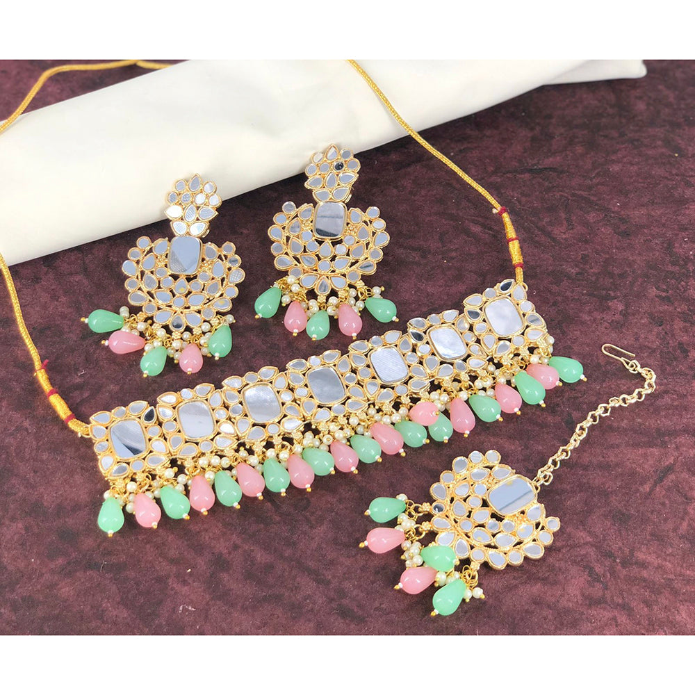 India Art Gold Plated Mirror Beads Choker Necklace Set With Maangtikka