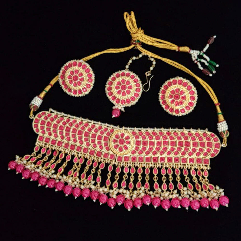 India Art Gold Plated Meenakari Choker Necklace Set With Maangtikka