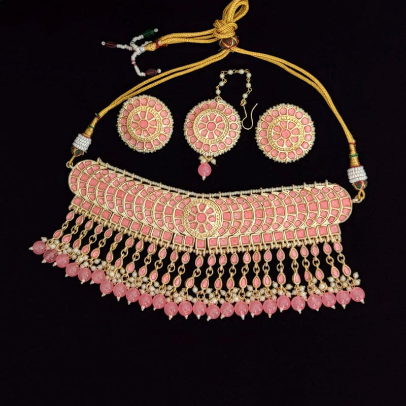 India Art Gold Plated Meenakari Choker Necklace Set With Maangtikka