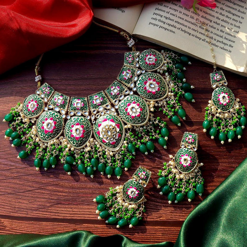 India Art Gold Plated Designer Meenakari & Beads Necklace Set With Maangtikka