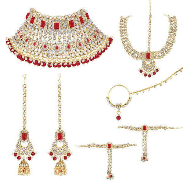Etnico 18K Gold Plated Traditional Handcrafted Faux Kundan Studded Bridal Jewellery Set with Earrings & Matha Patti for Women (IJ020R)