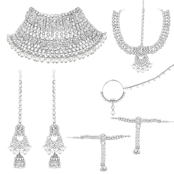 Etnico 18K Rhodium Plated Traditional Handcrafted Faux Kundan Studded Bridal Jewellery Set with Earrings & Matha Patti for Women (IJ020ZW)
